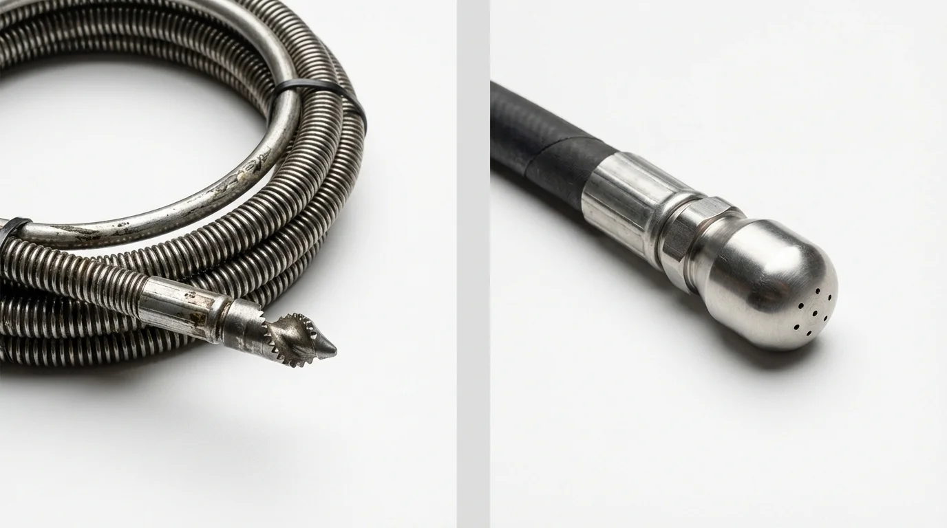 Drain snake cable and hydro jetting nozzle used for drain cleaning in Evansville, WY
