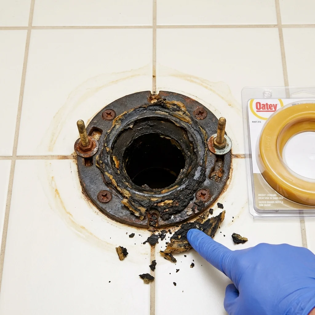 Failed wax ring showing water seepage at the base of a toilet in a Evansville, WY home