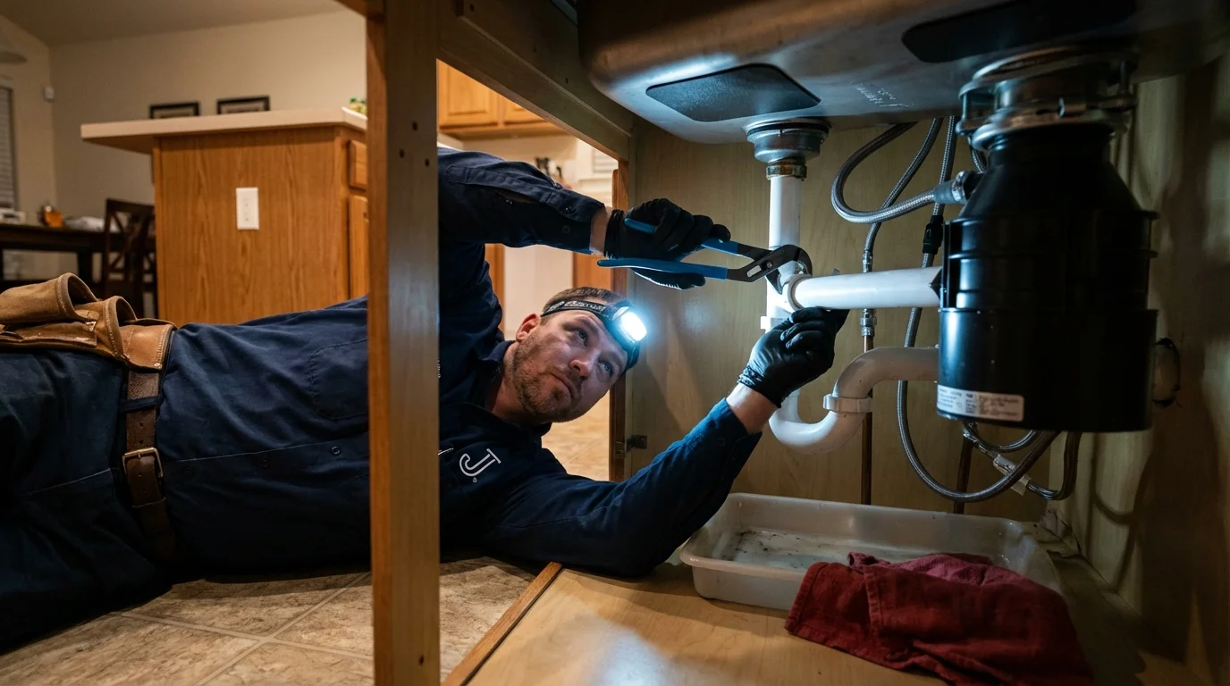 P-trap and supply line connections under a kitchen sink showing a common leak point in Evansville, WY